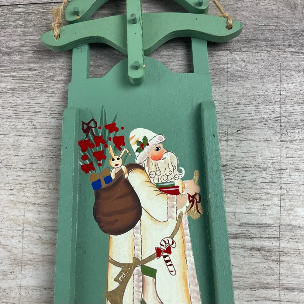 Vintage Wooden Christmas Sled Hand Painted Santa Claus Holiday Decor 10”